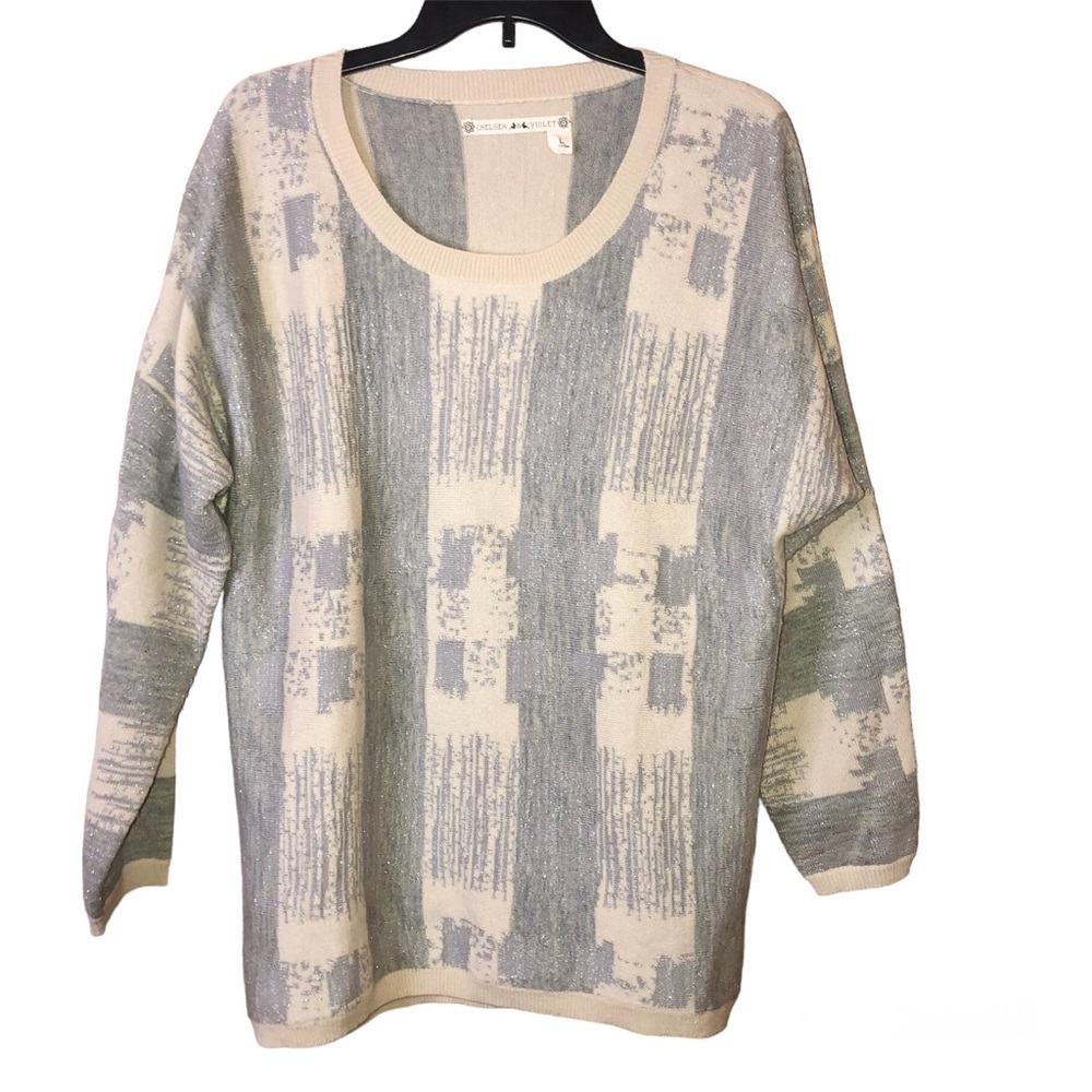 Chelsea‎ & Violet Metallic Wool Blend Abstract Striped Sweater Tan Grey Large
